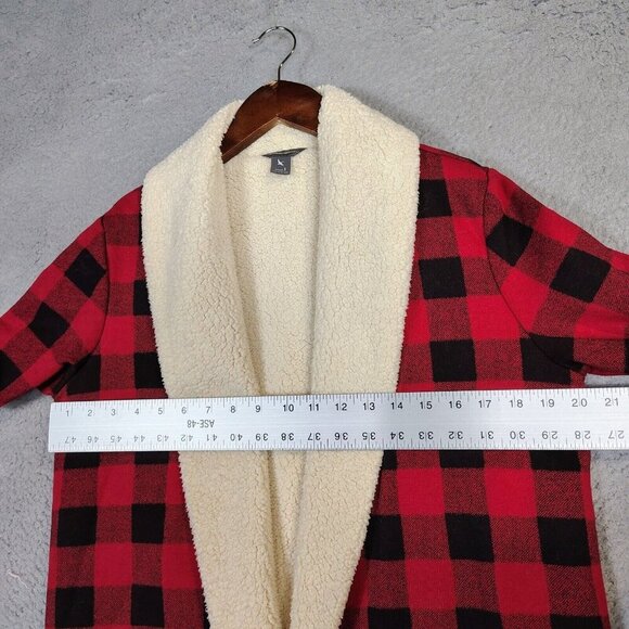 Eddie Bauer Cardigan Women Small Red Black Buffalo Check Sherpa Lined Open Front - Picture 10 of 13